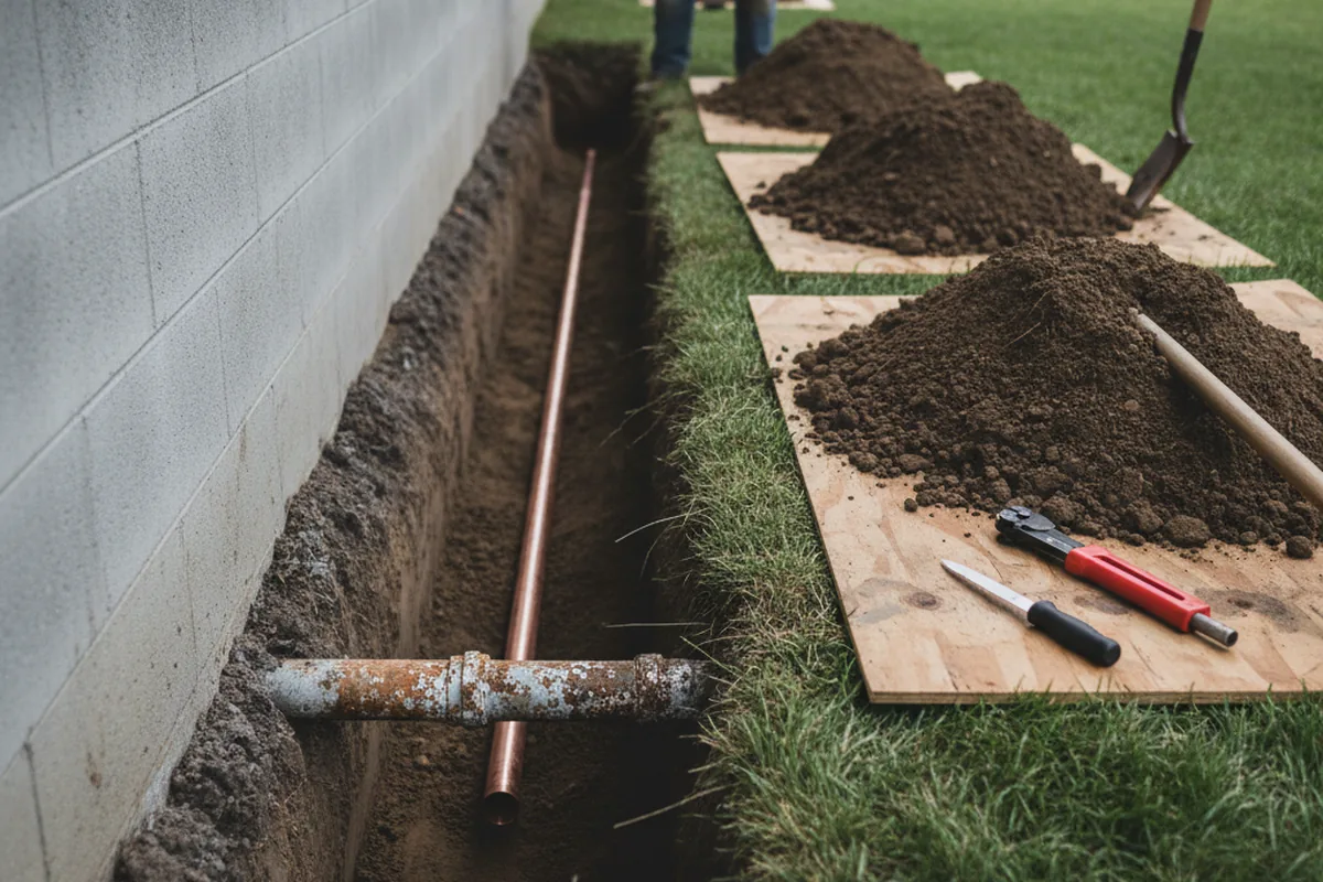 Excavated water line trench during Sewer Line Repair in Derwood